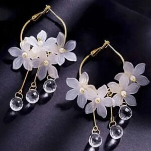 Fairy Flower Tassel Hoop Earrings, Elegant Petals & Crystals Fashion Earrings